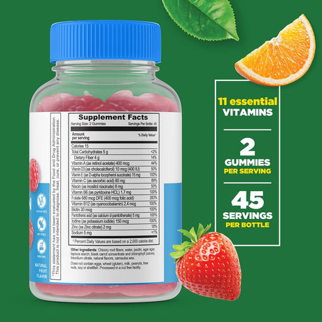 Lifeable Sugar Free Multivitamin Supplement, with Vitamin A, B6, B12, Biotin, C, D3, E, Fiber, Folate, Niacin, Zinc, 90 Gummies