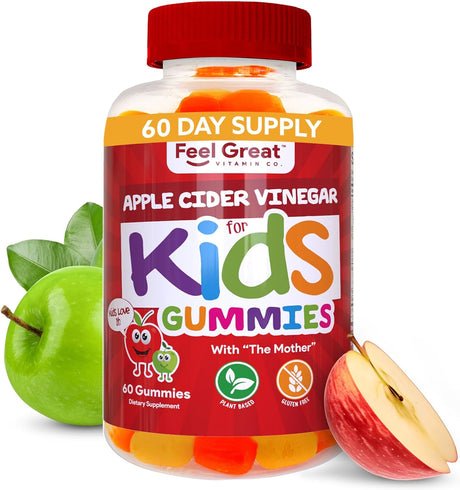 Feel Great Apple Cider Vinegar Gummies for Kids | Rich in Digestive Enzymes & Natural Antioxidants for Gut Health | Vegan Gummy Supports Healthy Nutrient Absorption | 60 Day Supply