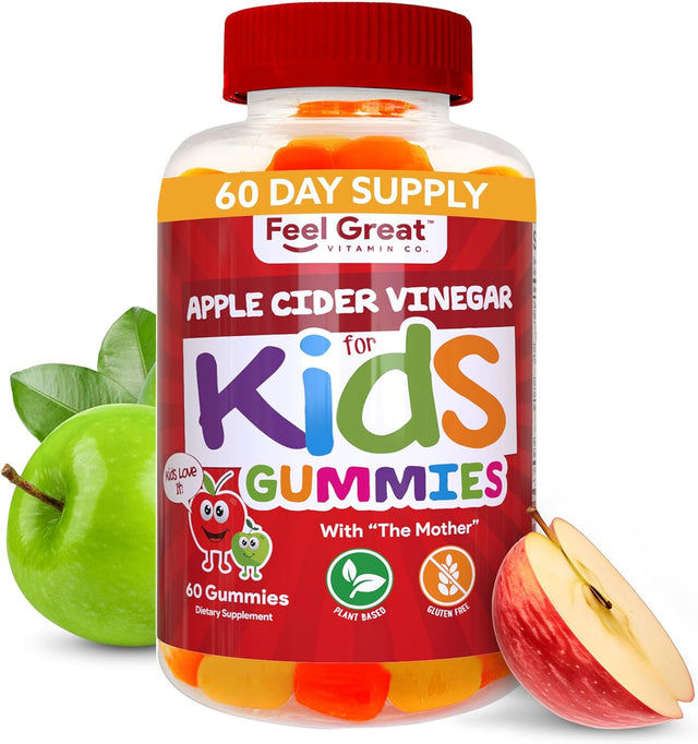 Feel Great Apple Cider Vinegar Gummies for Kids | Rich in Digestive Enzymes & Natural Antioxidants for Gut Health | Vegan Gummy Supports Healthy Nutrient Absorption | 60 Day Supply