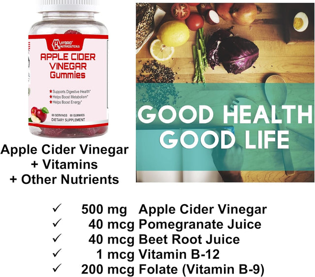 Hybrid Nutraceuticals Apple Cider Vinegar Gummies - Helps Detox & Cleanse, Boost Metabolism - Vitamins B-9, B-12, Pomegranate, Beet Root Juice - Good Keto ACV Gummies - 60 Gummies