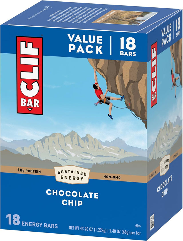 CLIF BAR - Chocolate Chip - Made with Organic Oats - 10G Protein - Non-Gmo - Plant Based - Energy Bars - 2.4 Oz. (18 Pack)