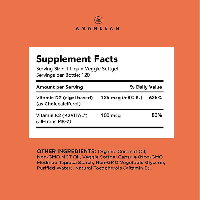 Amandean Vitamin D3 K2. Vegan D3 5000 Iu from Algae. All-Trans MK-7 K2. 120 Softgels. Plant-Based & Carrageenan Free. Organic Coconut Oil Blend. Vit D + K for Mood, Bones, Heart, Teeth, Immune Health.