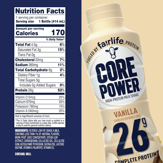 Core Power Fairlife 26G Protein Milk Shakes, Ready to Drink for Workout Recovery Liquid, Vanilla, 14 Fl Oz Bottle, Kosher (Pack of 12)