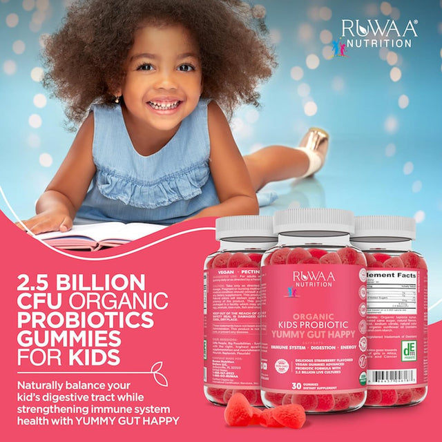 Kids Probiotic Gummies, Strawberry Flavor, Children'S Organic Probiotics, 2.5 Billion CFU, Digestive Health, Immune Support, Vegan, Gluten & Gelatin Free, 30 Gummies - Ruwaa Nutrition Yummy Gut Happy