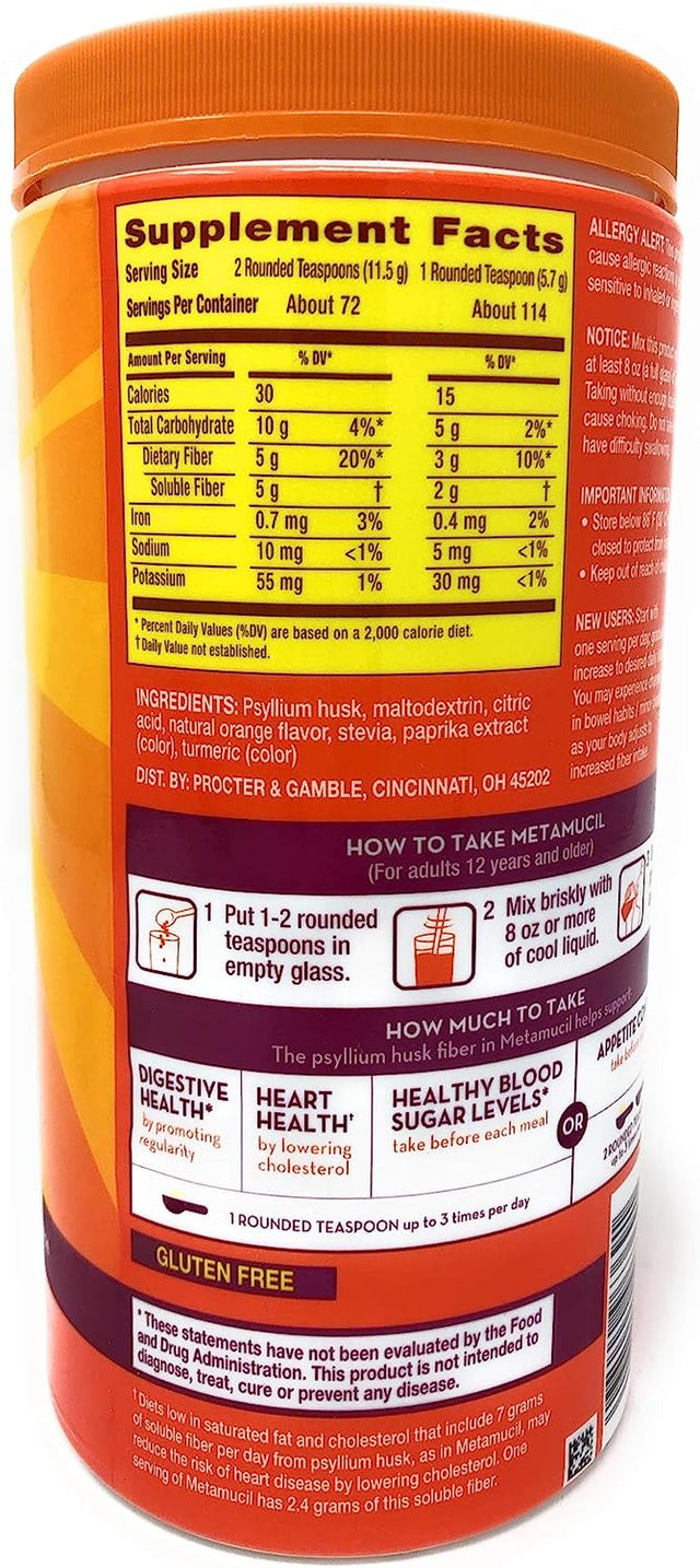 Metamucil Premium Blend Sugar Free Fiber, 114 Servings, Psyllium Husk Fiber Powder Supplement, with Stevia, Natural Orange Flavor 23.1 Oz