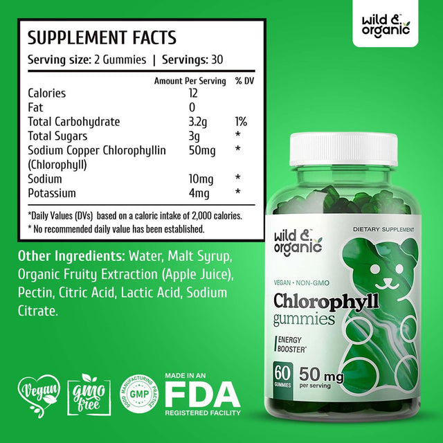 Wild & Organic Chlorophyll Gummies - Natural Energy Booster Chlorophyll Supplement, 60 Chews