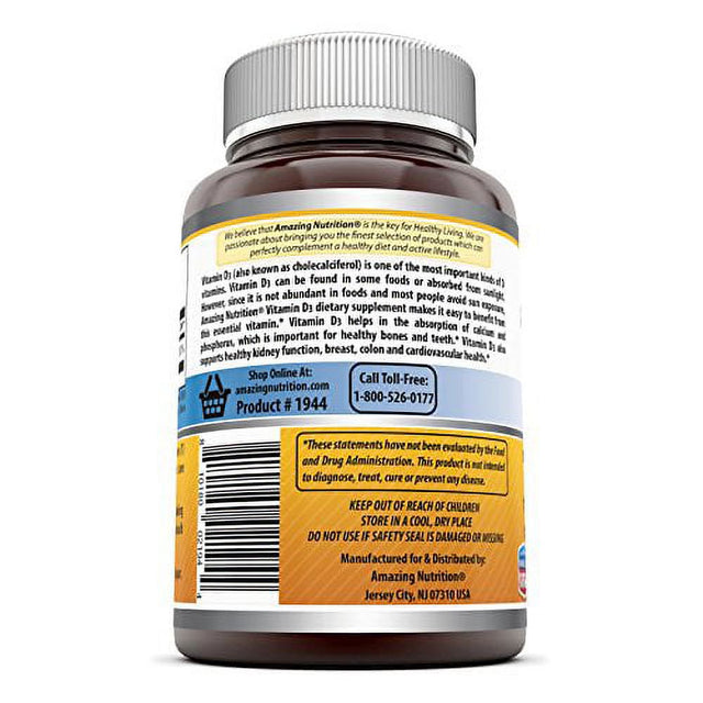 Amazing Nutrition Amazing Formulas Vitamin D3- 5,000 IU, 180 Softgels- Important Vitamin for Optimal Body Function- Supports Bone Health, Cardiovascular Health, Kidney Function and Over-All Well-Being