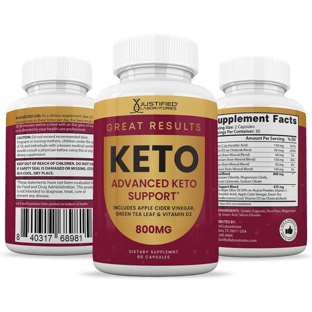 (3 Pack) Justified Laboratories Great Results Keto ACV Pills 1275Mg Dietary Supplement 180 Capsules