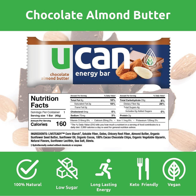 UCAN Energy Bars | Low Sugar, Low Calories | Gut Friendly, Caffeine-Free, Vegan, Non-Gmo, No Soy, Keto Friendly | Running, Cycling, Fitness, Pre & Post Workout | Chocolate Almond Butter 12 Count