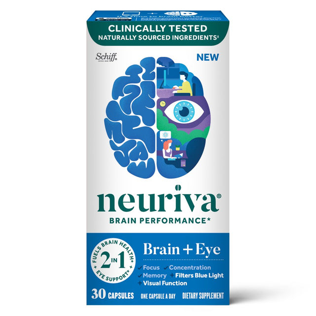 Neuriva Brain + Eye Support Capsules (30 Count), with Vitamins a C E, Zinc, Zeaxanthin, Antioxidants, Filters Blue Light, Decaffeinated, Vegetarian, Gluten & GMO Free