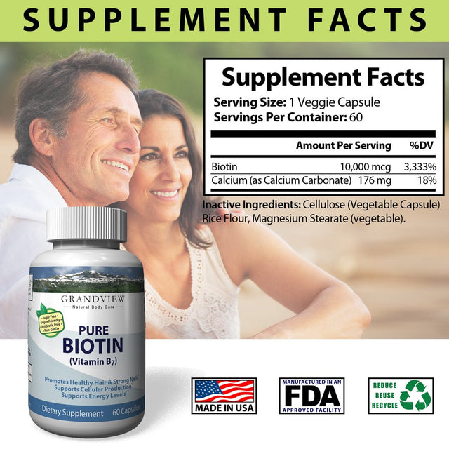 Biotin Pure - Promotes Healthy Hair Growth Boosts Metabolism Supports Strong Nails Maintains Healthy, Youthful Looking Skin Helps Breakdown Carbohydrates