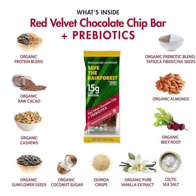 SHANTI BAR Plant Protein + Immunity Superfoods, Prebiotics | Vegan, Gluten Free, Paleo, Raw Healthy Snack, Certified Organic, Low Glycemic, No Refined Sugars | Red Velvet Chocolate Chip | 12 Count