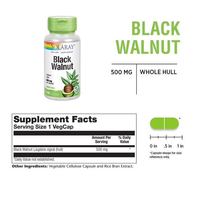 Solaray Black Walnut 500 Mg | Whole Hull | Healthy Digestive & Intestinal Wellness Support | Non-Gmo, Vegan & Lab Verified | 100 Vegcaps