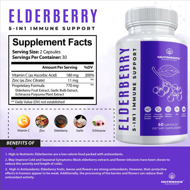 Elderberry Capsules Premium Immune Support Formula with Vitamin C and Zinc - All-Day Immune System Booster for Men and Women - 60 Capsules