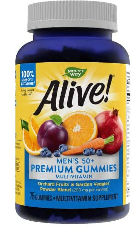 Natureâ€™S Way Alive! Menâ€™S 50+ Premium Gummies, 15 Vitamins and Minerals, Grape, Orange and Cherry Flavored Gummies, 75 Gummies