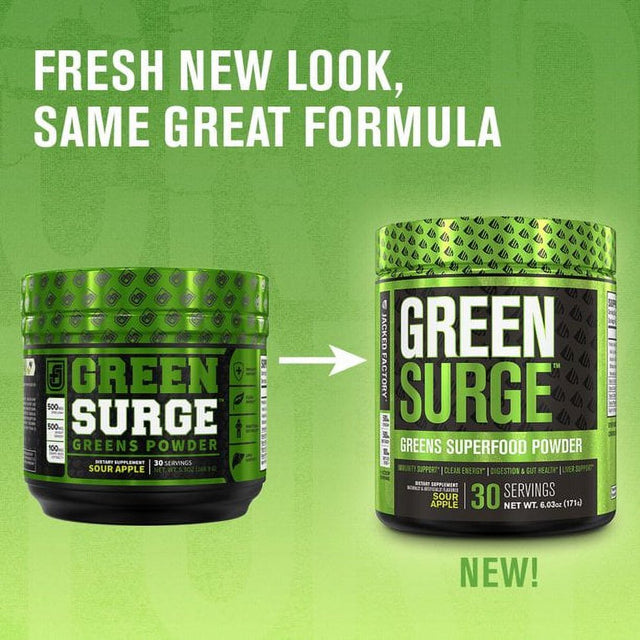 Jacked Factory Green Surge Superfood Powder Supplement - Greens Drink with Spirulina, Wheat, Barley, Organic Greens, Green Tea, Probiotics & Digestive Enzymes - Sour Apple - 30 Servings