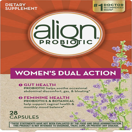 Align Probiotic, Women'S Dual Action, Supports Vaginal Health and Mood Balance, Feminine Health Probiotic with Chaste Tree, Soothe Occasional Abdominal Discomfort, Gas, Bloating, 28 Capsules