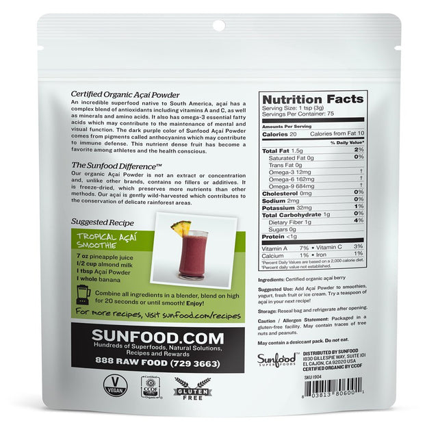 Sunfood Superfoods Organic Acai Powder, 8.0 Oz