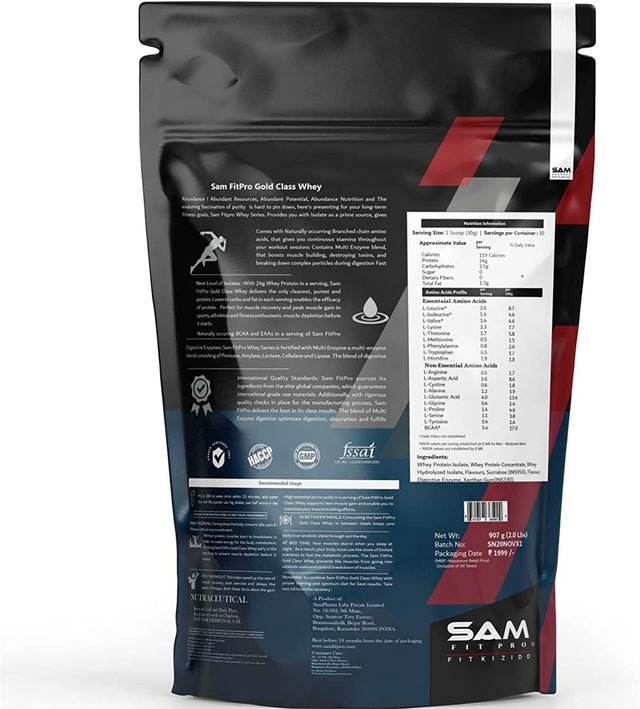 Samfit Pro Gold Class Whey Protein | Vanilla Mexican | 2 Lbs | 907 Grams | 24 Gram Protein per Scoop | USA Made Whey