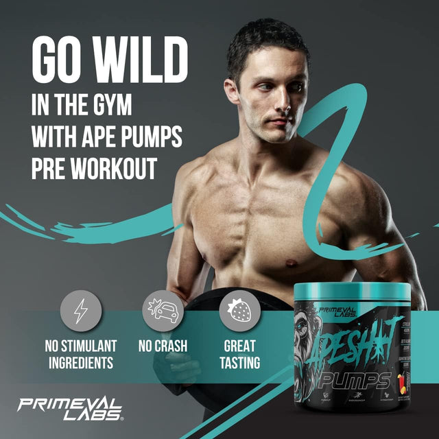 Primeval Labs Ape Pumps Natural Pre Workout Powder | Caffeine Free Preworkout for Endurance, Muscle Growth, Strength & Hydration Beta Alanine, L Citrulline, Agmatine | Cherry Lemonade 40 Servings