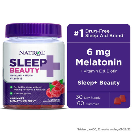 Natrol Sleep+ Beauty Gummies, Skin, Hair, Nails Support, Raspberry, 60 Count