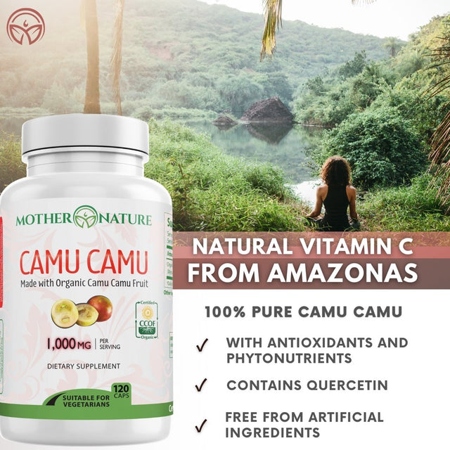 Organic Vitamin C Camu Camu Capsules 1,000Mg, Packed with Natural VIT C, Raw Antioxidants - Immune Support Supplement & Anti-Aging for Skin - Camu Camu Powder Organic, Vegan, Non-Gmo (120 Count)