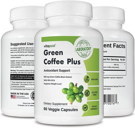 Green Coffee plus Premium Green Coffee Bean Extract. Supports Weight Loss, Rich in Antioxidants. Non-Gmo, Vegan & Gluten Free. 60 Capsules