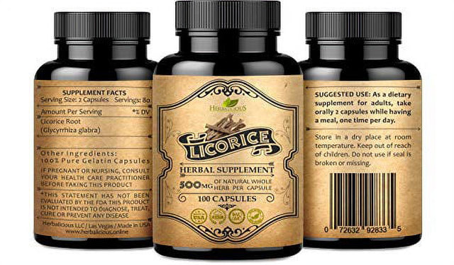 HERBALICIOUS Licorice Root Capsules - Pure Organic Glycyrrhiza Glabra Extract Supplement for Digestion, Respiratory Health, Adrenal Fatigue & Immunity Support - Natural Anti-Aging Benefits - 100 Count