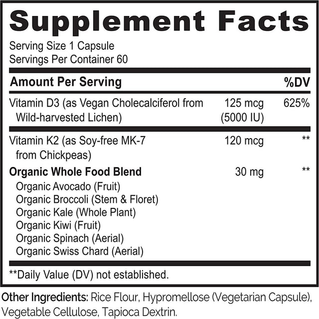 NATURELO Vegan K2+D3 - Plant Based D3 from Lichen - Natural D3 Supplement for Immune System, Bone Support, Joint Health - Whole Food - Vegan - Non-Gmo - Gluten Free (60 Count (Pack of 1))