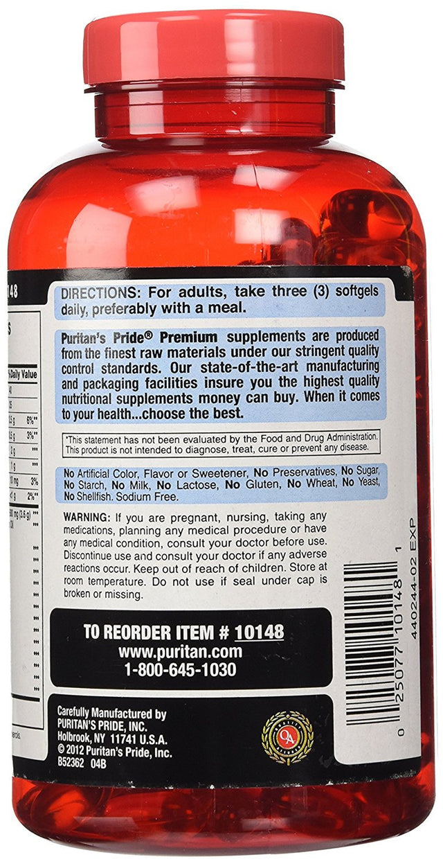 Puritan'S Pride Triple Omega 3-6-9 Fish, Flax, and Borage Oils, Omega Fatty Acid Supplement, Purified to Eliminate Mercury, Supports Heart Health, 240 Rapid Release Softgels