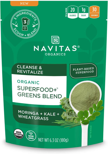 Navitas Organics Superfood+ Greens Blend for Detox Support (Moringa + Kale + Wheatgrass), 6.3Oz Bag, 30 Servings — Organic, Non-Gmo, Vegan, Gluten-Free, Keto & Paleo.