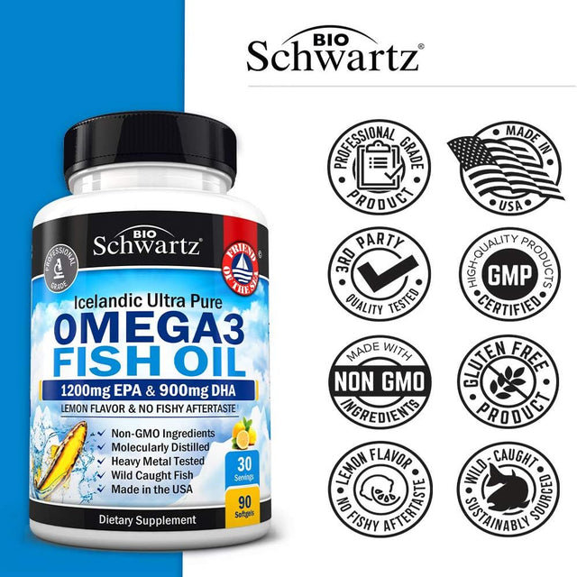 Bioschwartz Fish Oil Omega 3 EPA & DHA 2250 Mg- Immune & Heart Support Fatty Acids Pills - Promotes Immunity, Joint, Eyes, Brain & Skin Health - Non GMO 90 Ct