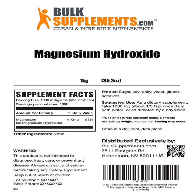 Bulksupplements.Com Magnesium Hydroxide Powder - Colon Support - Magnesium Supplement - Mild Laxative (1 Kilogram - 2.2 Lbs)