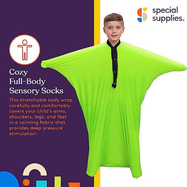 Special Supplies Green Sensory Body Sock Full-Body Wrap to Relieve Stress, Stretchy, Breathable Cozy Sensory Sack for Boys, Girls, Safe, Comfortable, Calming Relief Cocoon (Medium 47"X27")