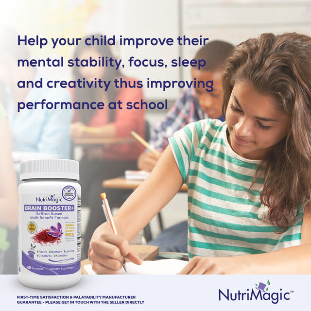 Nutrimagic KIDS Brain Booster+ Focus, Attention Saffron-Based Brain Health Supplement & Multivitamin, Vegan, 60 Pack Strawberry.