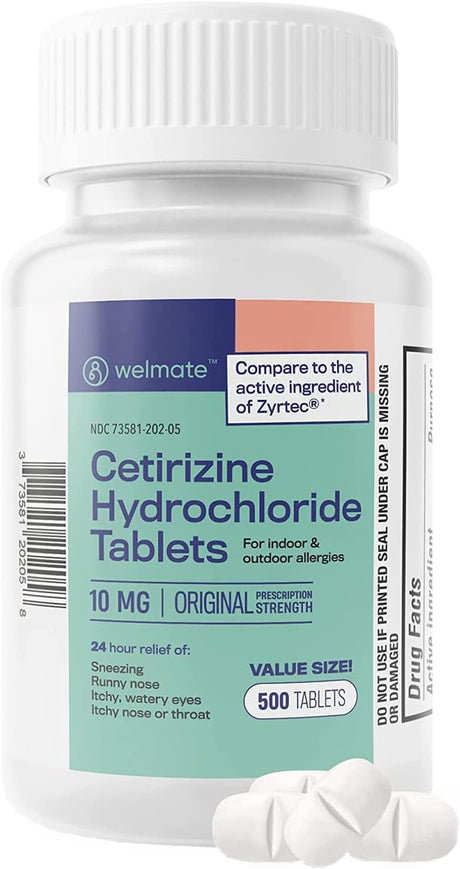 Welmate Antihistamine Allergy Relief - Cetirizine Hydrochloride 10Mg - 24 Hour Relief - 500 Tablets