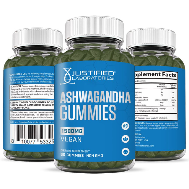 (3 Pack) Justified Laboratories Ashwagandha Gummies 1500MG Energy 180 Gummys