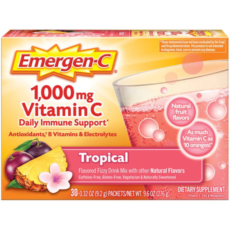 Emergen-C 1000Mg Vitamin C Powder, with Antioxidants, B Vitamins and Electrolytes for Immune Support, Caffeine Free Vitamin C Supplement Fizzy Drink Mix, Tropical Flavor - 30 Count/1 Month Supply