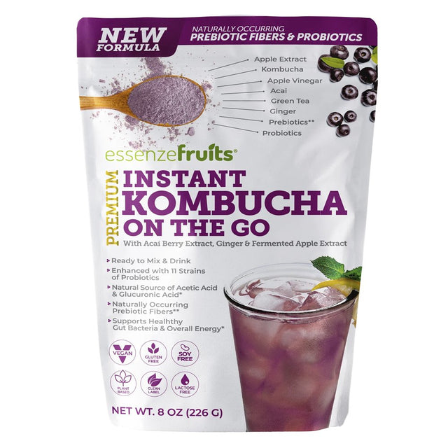 Instant Acai Kombucha on the Go Superfood - Drink Mix with Probiotics and Prebiotics, Vitamin C, Delicious Acai Berry Taste and No Added Sugar Make up to 30 Cups of Refreshing Kombucha, 8 Oz (226G).