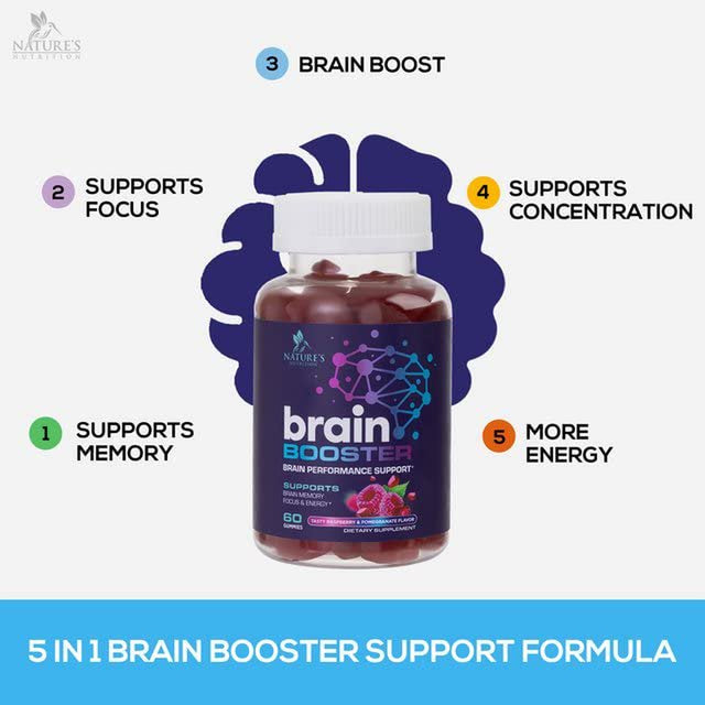 Nature'S Nutrition Brain Supplement Gummy for Memory, Focus & Concentration Support Gummies plus Nootropics, Phosphatidylserine & Vitamins B6 & B12 - Caffeine Free Nootropic Brain Health - 60 Gummies