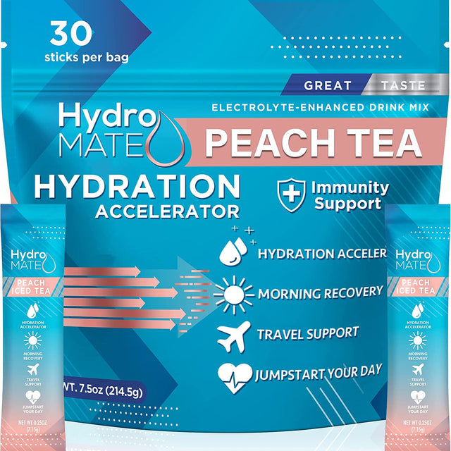 Hydromate Electrolytes Powder Packets Drink Mix Low Sugar Hydration Accelerator Fast Party Recovery with Vitamin C Peach Iced Tea 30 Sticks