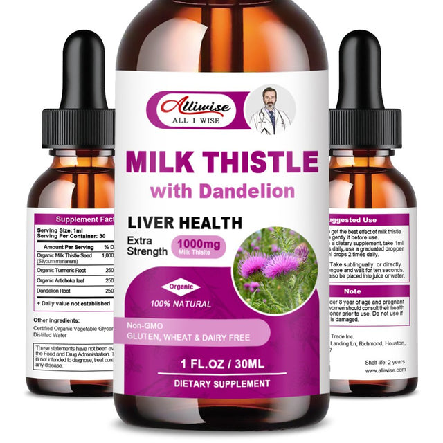 (2 Pack)Alliwise Milk Thistle Drops 1000Mg,Silymarin Marianum & Dandelion Root Support Liver Health,Total 2Fl Oz