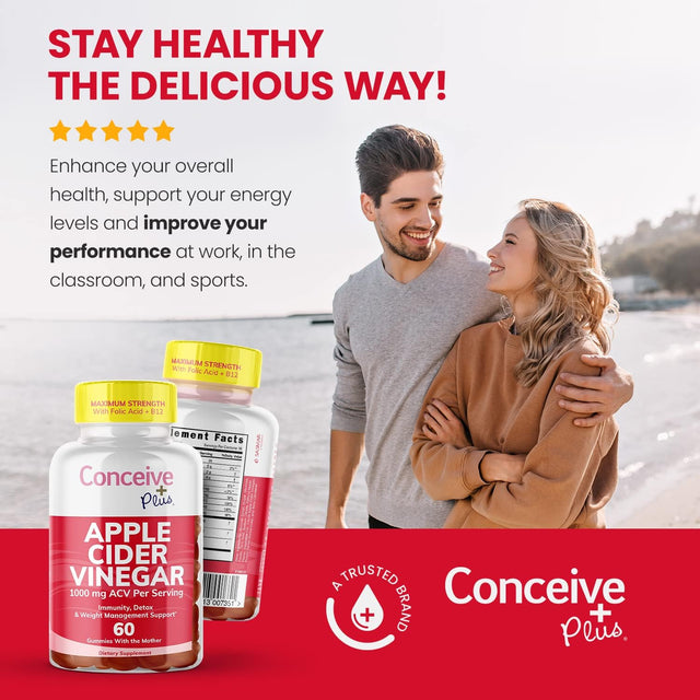 CONCEIVE plus Apple Cider Vinegar Gummies - Potent ACV Gummies with the Mother - Delicious Apple Vinegar Gummy for Immunity, Digestive Health, Energy Boost - Vegan, Non-Gmo, Gluten-Free - 60 Count