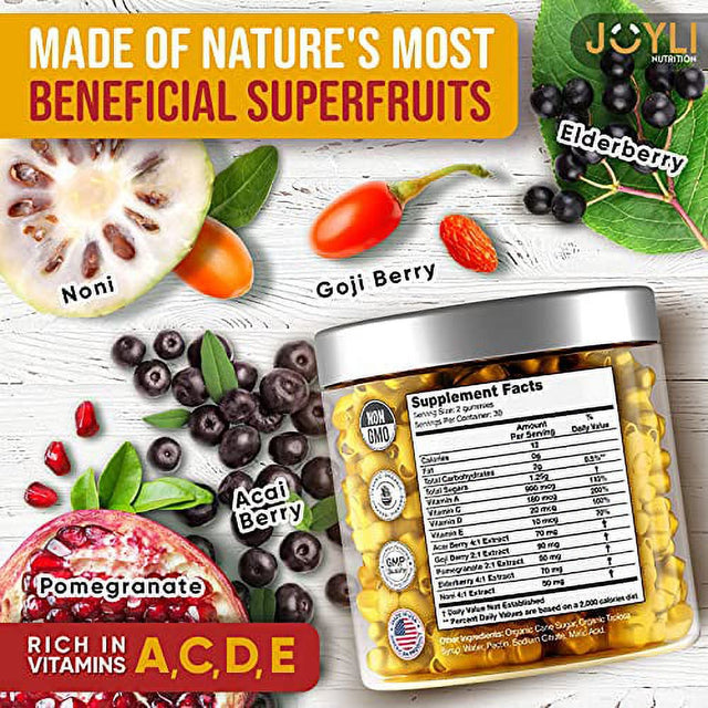 JOYLI Superfruit Gummies - Goji & Elderberry Fruit Multivitamin Gummies for Adults - Natural Gummy Vitamins for Women & Men - Rich in Vitamins A, C, D & E - Supports Immunity, Digestion & Energy