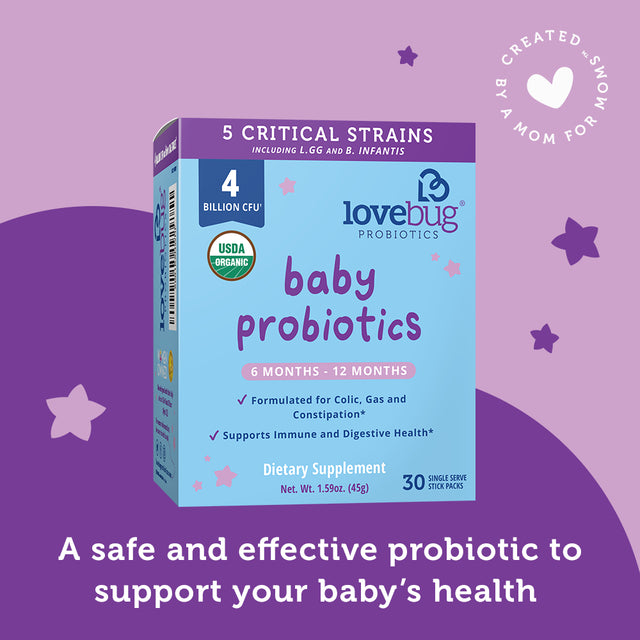 Lovebug Probiotics Award Winning USDA Organic Probiotic for Babies, 6-12 Months, 30 Packets