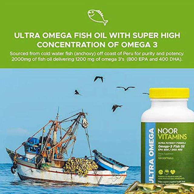 Noorvitamins Ultra Omega-3 Wild Peruvian Fish Oil (2000Mg/Serving) W/ 800Mg EPA & 400 Mg DHA | Heart, Brain & Joint Support | Non-Gmo & Gluten Free | Halal Vitamins (120 Count – 2 Month Supply)