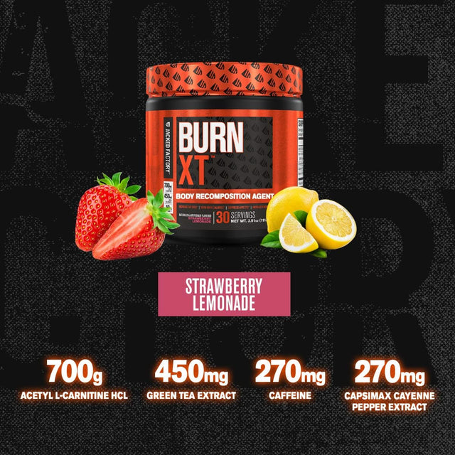 Jacked Factory Burn-Xt Powder for Men & Women - Improve Focus & Increase Energy - Premium Acetyl L-Carnitine, Green Tea Extract, Capsimax Cayenne Pepper, & More - 30 Sv, Strawberry Lemonade