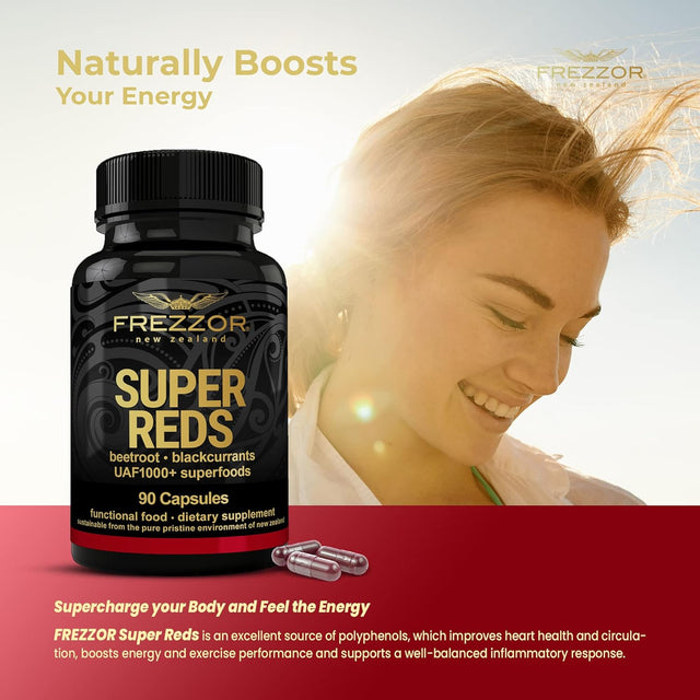 FREZZOR Super Reds Capsules with UAF1000+, All-Natural New Zealand Red Superfood Energy, Essential Red Fruits Veggies& Beets, Antioxidants, Enzymes, Energy Supplements, 540 Capsules, 6 Bottles