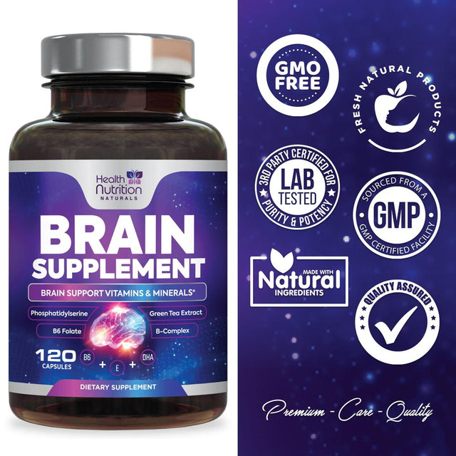 Brain Supplement for Memory and Focus - Nootropics for Concentration, Energy, Cognitive, & Mental Clarity Support, Bacopa Powder, B Vitamins, Phosphatidylserine, DMAE Brain Booster - 120 Capsules