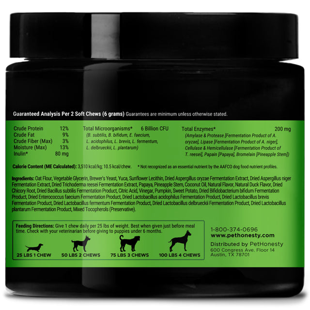 Pet Honesty Dog, Gut and Immune Health Support Probiotic Supplement W Prebiotics Fiber and Enzymes, for Diarrhea, Duck Flavor, 90 Count Soft Chews